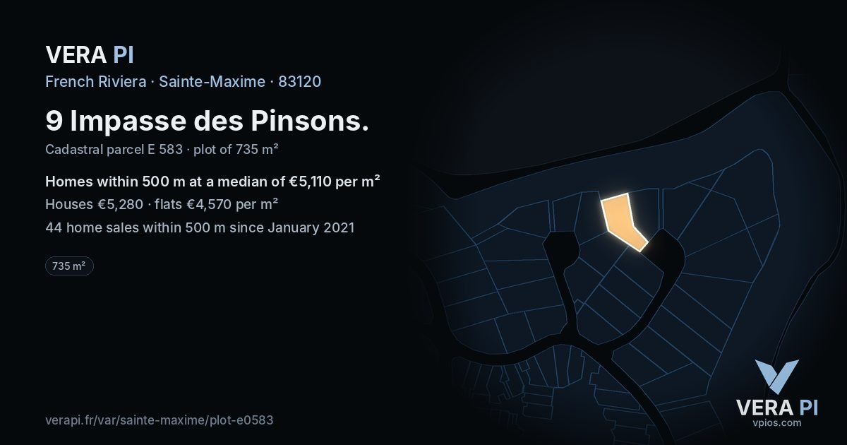 9 Impasse des Pinsons, Sainte-Maxime at night – the plot lit, the parcels around coloured by the prices near them