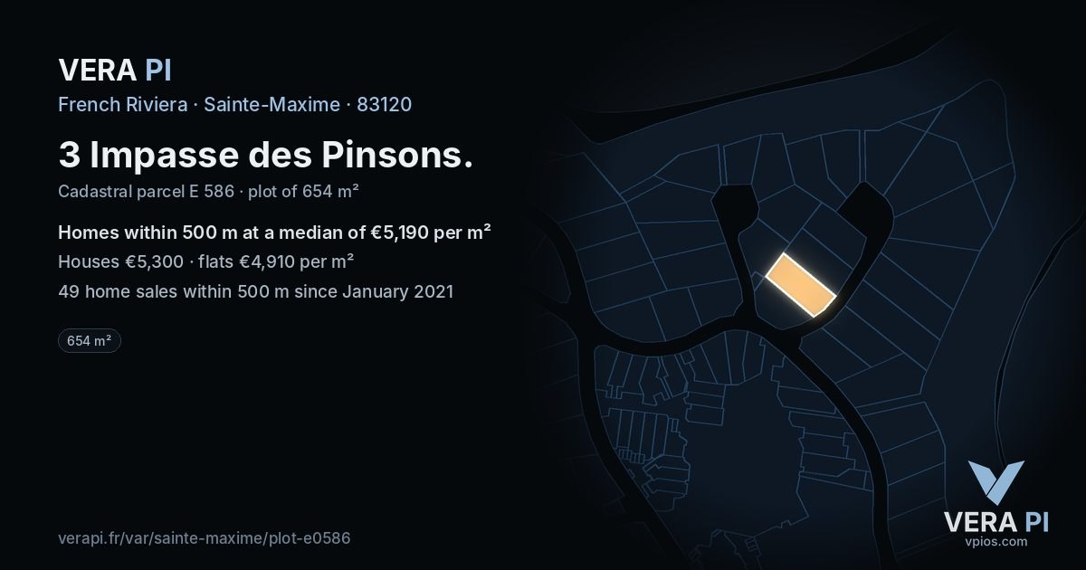 3 Impasse des Pinsons, Sainte-Maxime at night – the plot lit, the parcels around coloured by the prices near them