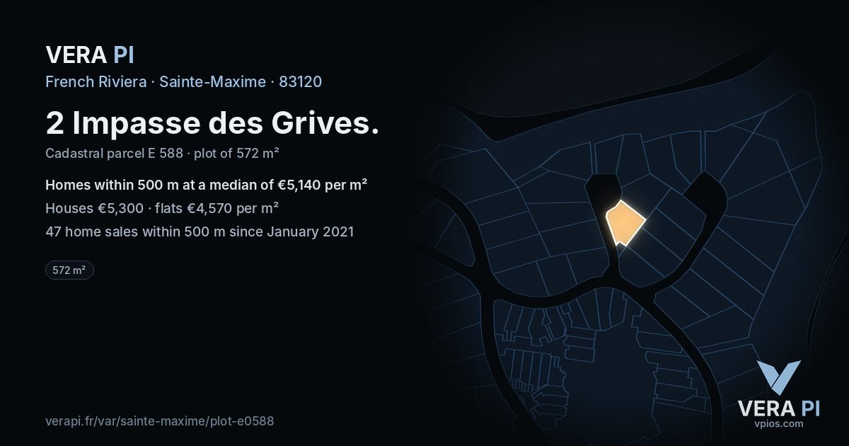 2 Impasse des Grives, Sainte-Maxime at night – the plot lit, the parcels around coloured by the prices near them