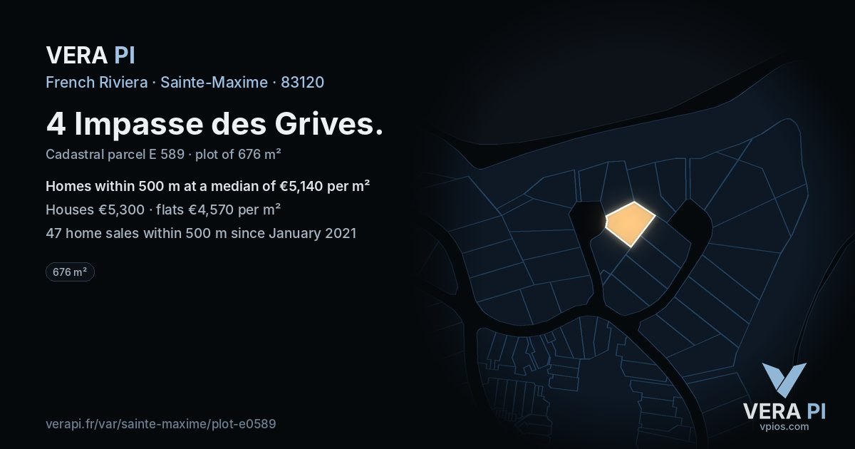 4 Impasse des Grives, Sainte-Maxime at night – the plot lit, the parcels around coloured by the prices near them