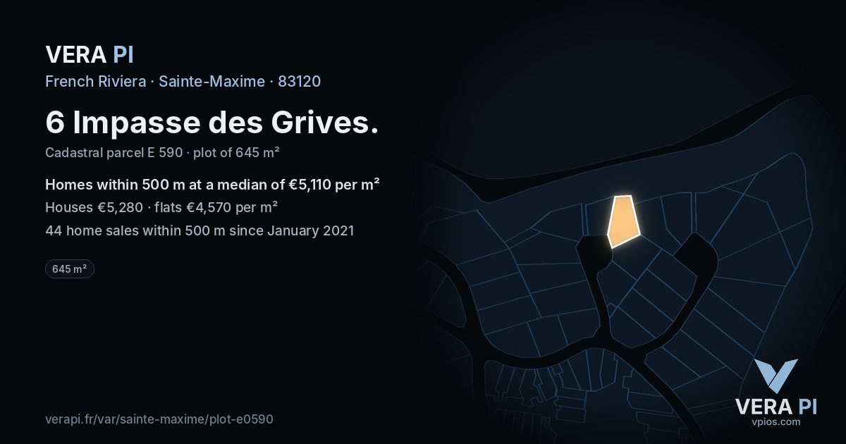 6 Impasse des Grives, Sainte-Maxime at night – the plot lit, the parcels around coloured by the prices near them