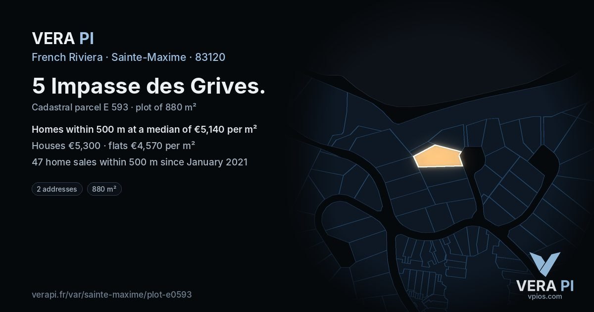 5 Impasse des Grives, Sainte-Maxime at night – the plot lit, the parcels around coloured by the prices near them