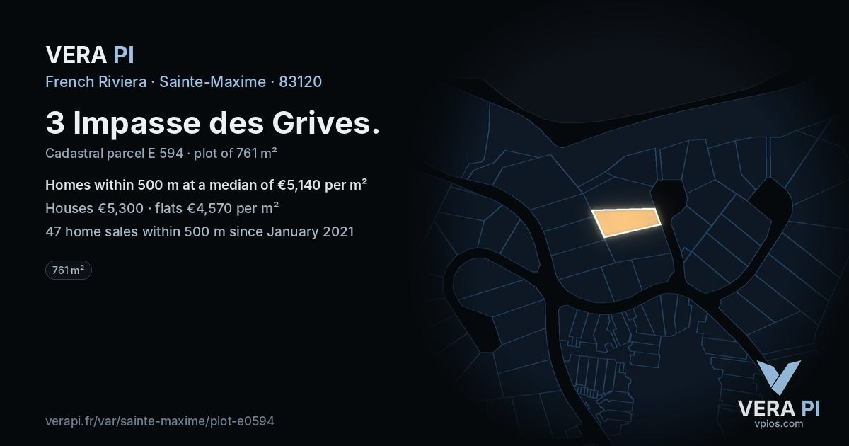 3 Impasse des Grives, Sainte-Maxime at night – the plot lit, the parcels around coloured by the prices near them