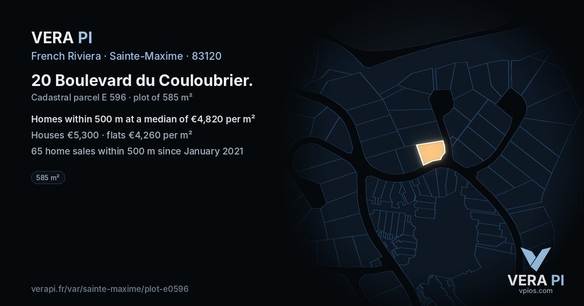 20 Boulevard du Couloubrier, Sainte-Maxime at night – the plot lit, the parcels around coloured by the prices near them