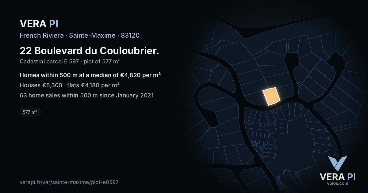 22 Boulevard du Couloubrier, Sainte-Maxime at night – the plot lit, the parcels around coloured by the prices near them