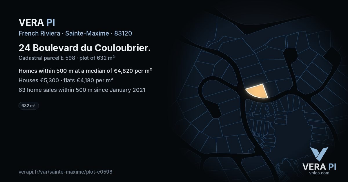 24 Boulevard du Couloubrier, Sainte-Maxime at night – the plot lit, the parcels around coloured by the prices near them