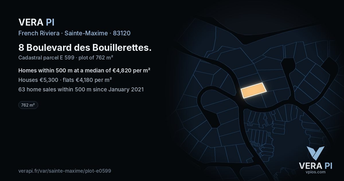 8 Boulevard des Bouillerettes, Sainte-Maxime at night – the plot lit, the parcels around coloured by the prices near them