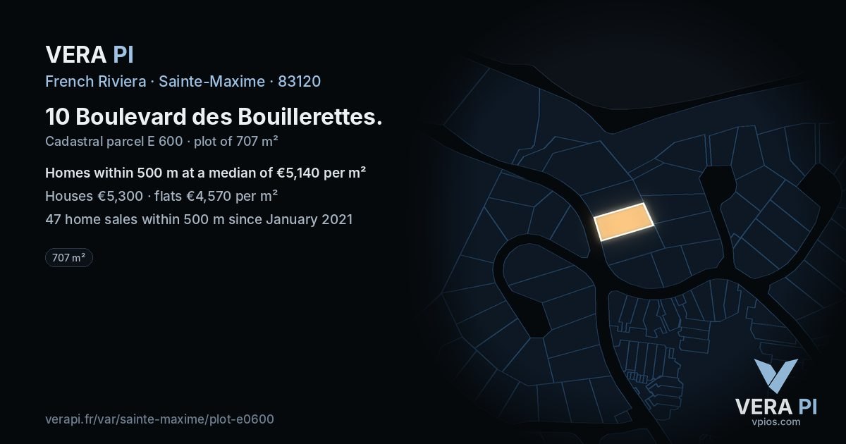 10 Boulevard des Bouillerettes, Sainte-Maxime at night – the plot lit, the parcels around coloured by the prices near them