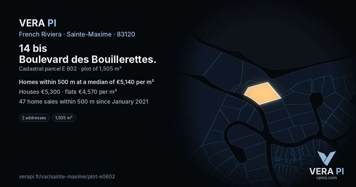 14 bis Boulevard des Bouillerettes, Sainte-Maxime at night – the plot lit, the parcels around coloured by the prices near them