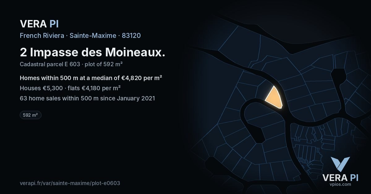 2 Impasse des Moineaux, Sainte-Maxime at night – the plot lit, the parcels around coloured by the prices near them