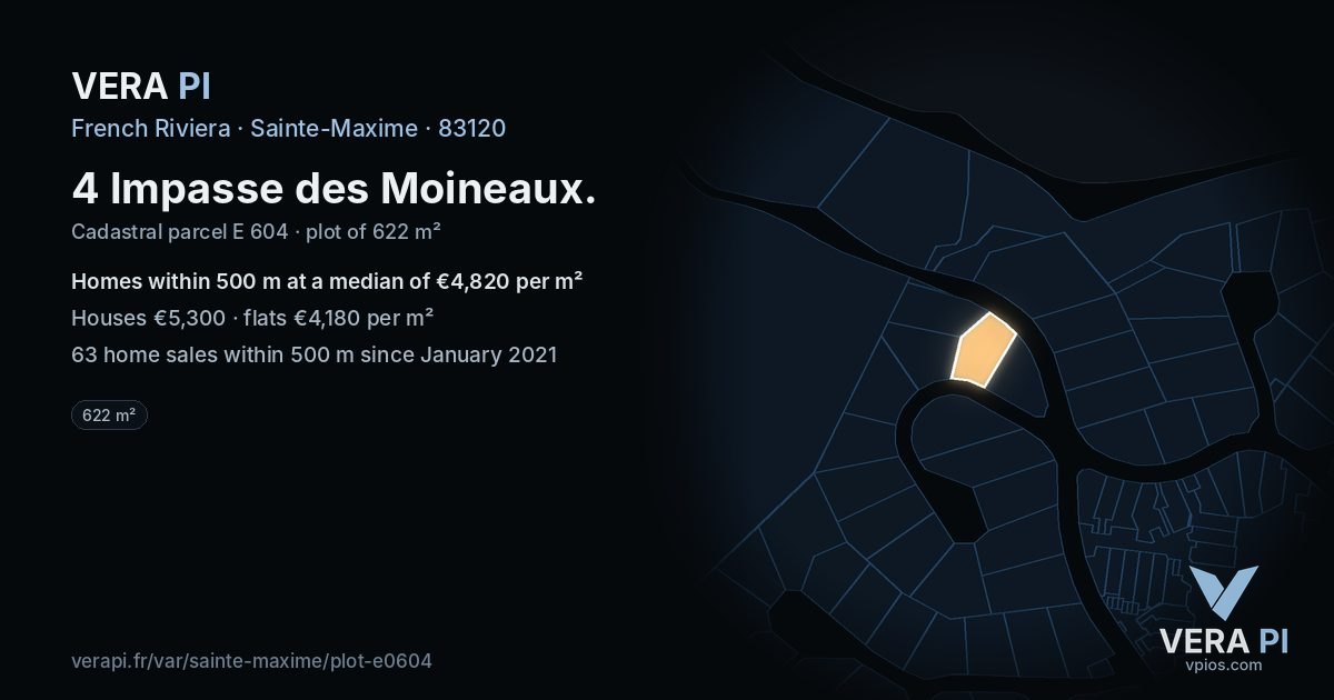 4 Impasse des Moineaux, Sainte-Maxime at night – the plot lit, the parcels around coloured by the prices near them