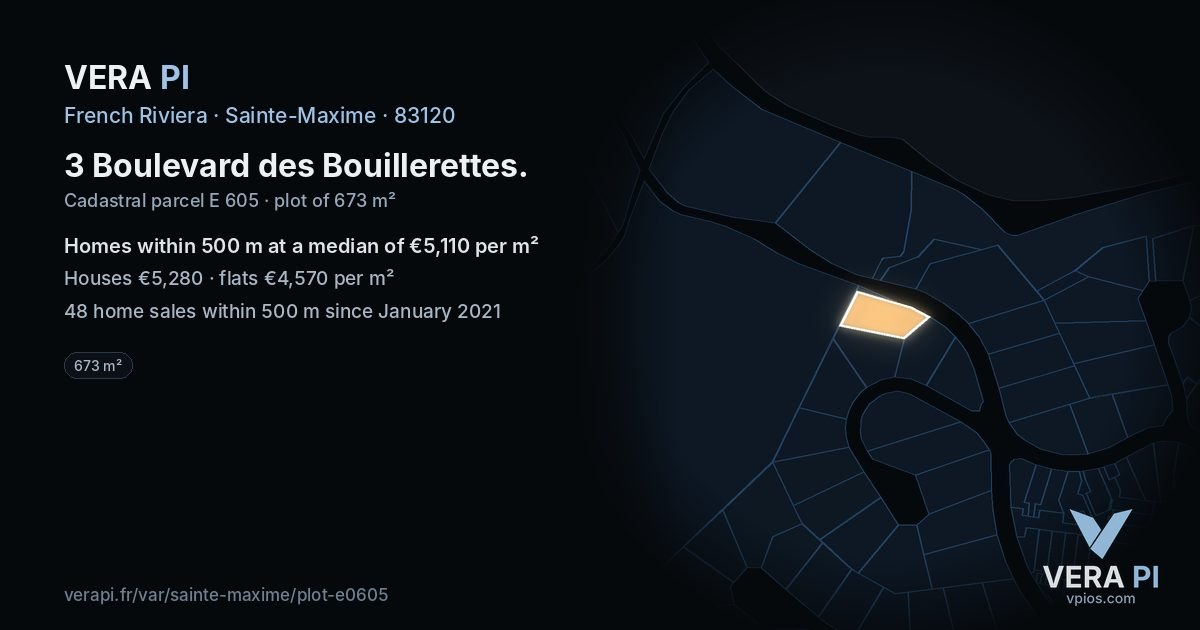 3 Boulevard des Bouillerettes, Sainte-Maxime at night – the plot lit, the parcels around coloured by the prices near them