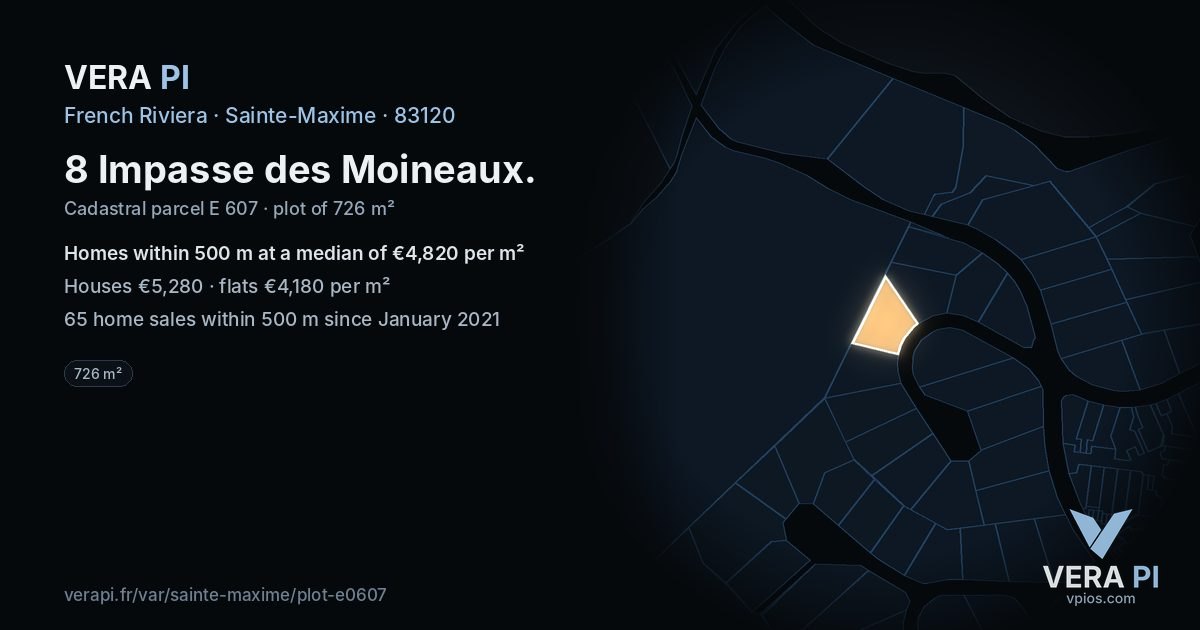 8 Impasse des Moineaux, Sainte-Maxime at night – the plot lit, the parcels around coloured by the prices near them