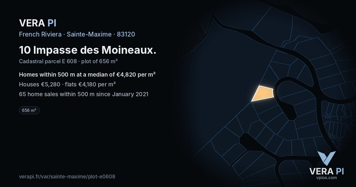 10 Impasse des Moineaux, Sainte-Maxime at night – the plot lit, the parcels around coloured by the prices near them