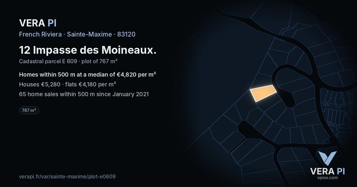 12 Impasse des Moineaux, Sainte-Maxime at night – the plot lit, the parcels around coloured by the prices near them