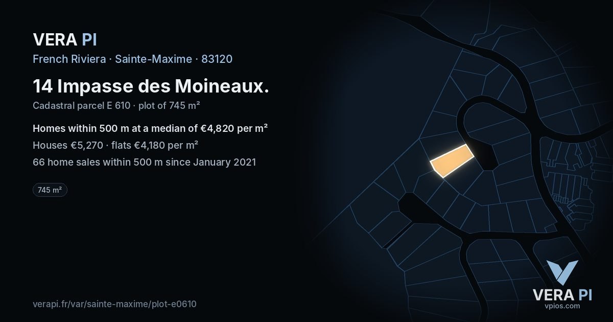 14 Impasse des Moineaux, Sainte-Maxime at night – the plot lit, the parcels around coloured by the prices near them