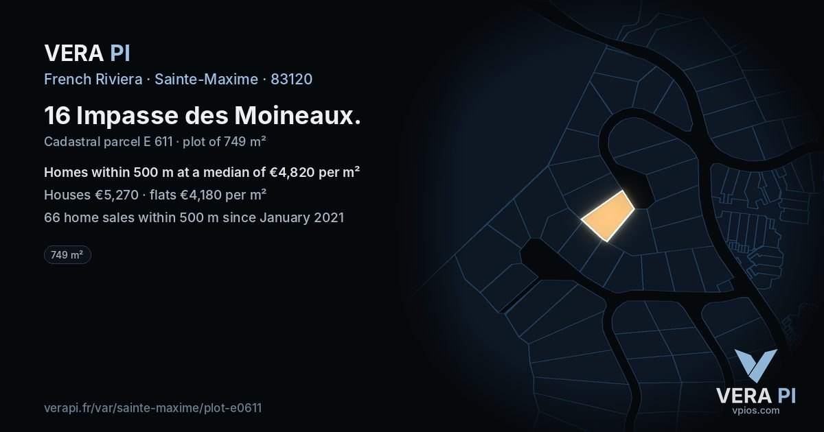 16 Impasse des Moineaux, Sainte-Maxime at night – the plot lit, the parcels around coloured by the prices near them