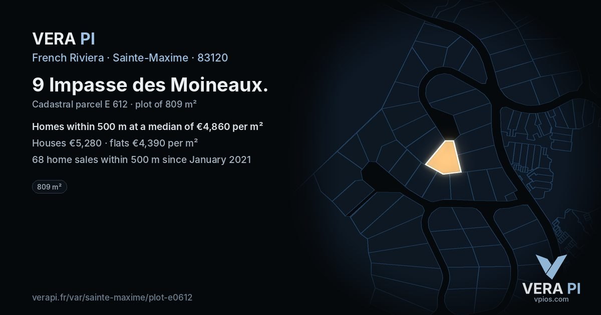 9 Impasse des Moineaux, Sainte-Maxime at night – the plot lit, the parcels around coloured by the prices near them