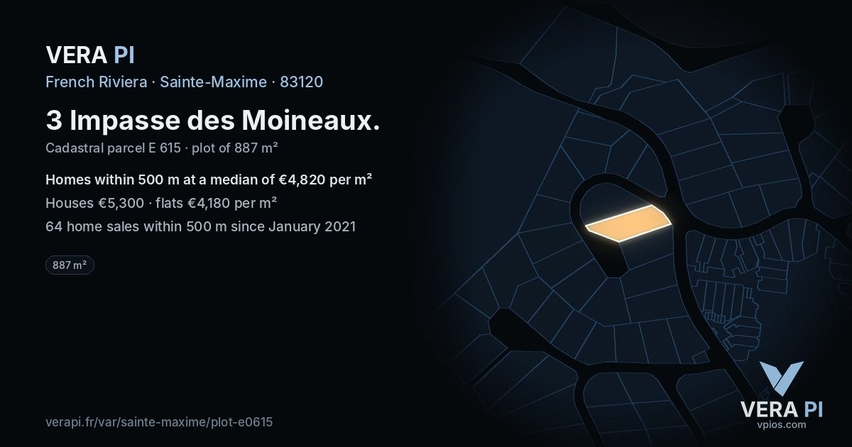 3 Impasse des Moineaux, Sainte-Maxime at night – the plot lit, the parcels around coloured by the prices near them
