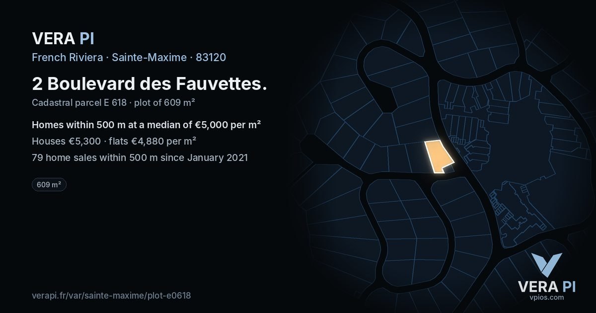 2 Boulevard des Fauvettes, Sainte-Maxime at night – the plot lit, the parcels around coloured by the prices near them