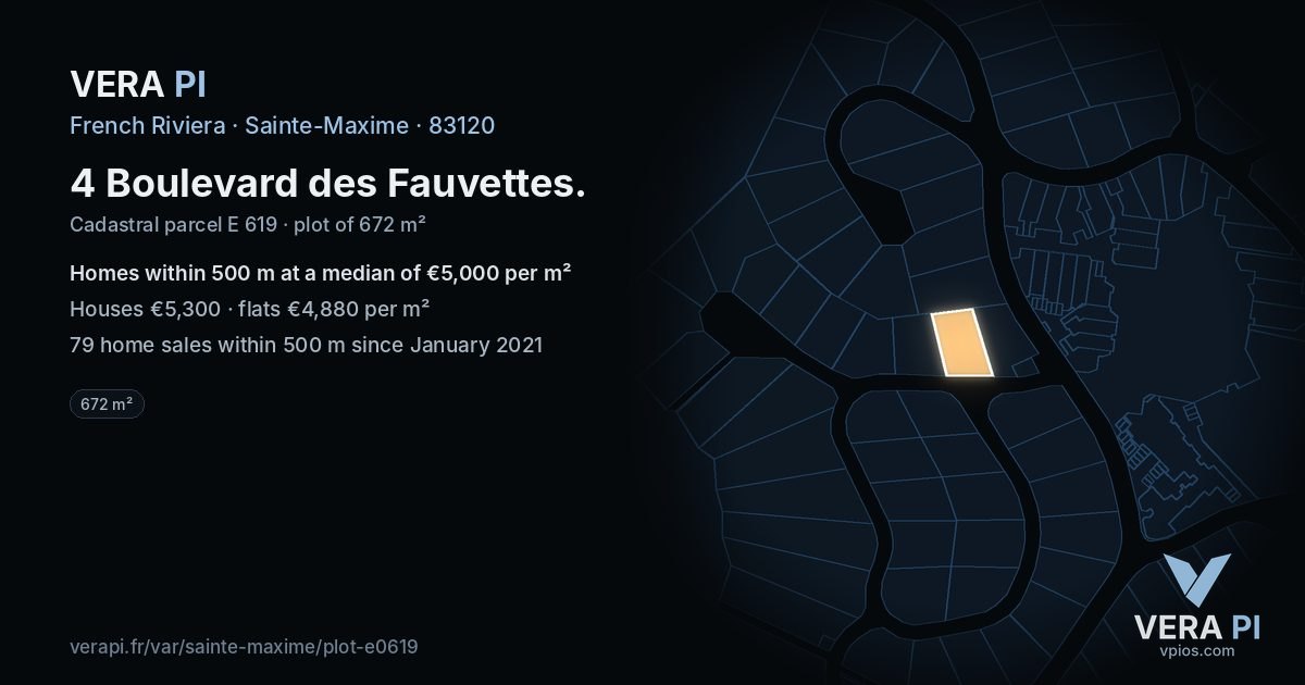 4 Boulevard des Fauvettes, Sainte-Maxime at night – the plot lit, the parcels around coloured by the prices near them
