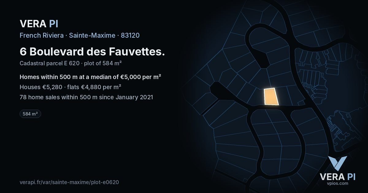 6 Boulevard des Fauvettes, Sainte-Maxime at night – the plot lit, the parcels around coloured by the prices near them