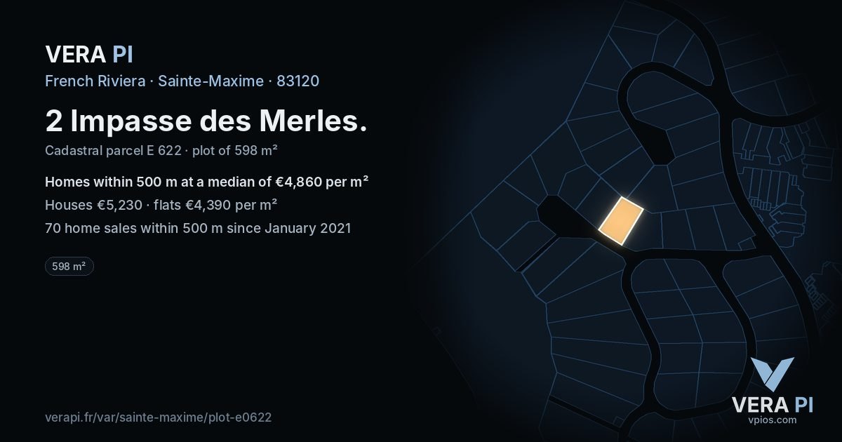 2 Impasse des Merles, Sainte-Maxime at night – the plot lit, the parcels around coloured by the prices near them