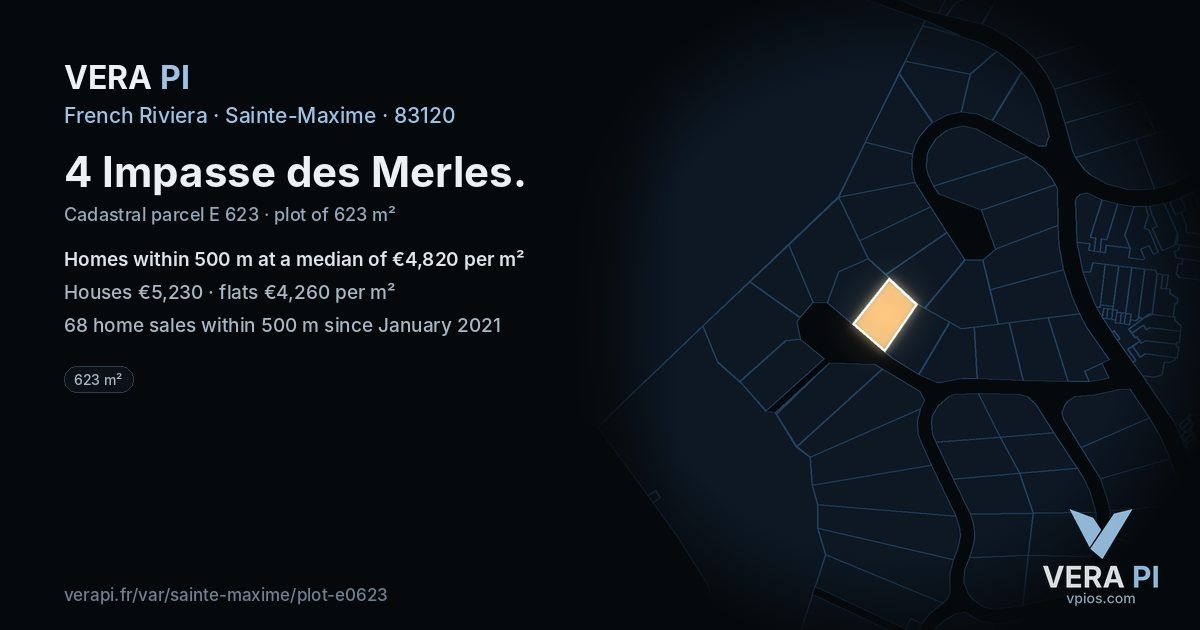 4 Impasse des Merles, Sainte-Maxime at night – the plot lit, the parcels around coloured by the prices near them