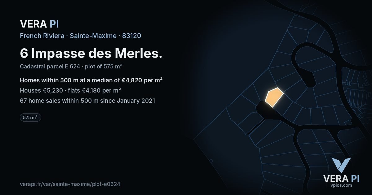 6 Impasse des Merles, Sainte-Maxime at night – the plot lit, the parcels around coloured by the prices near them