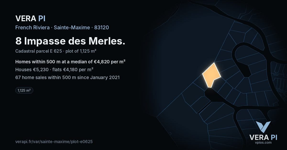 8 Impasse des Merles, Sainte-Maxime at night – the plot lit, the parcels around coloured by the prices near them