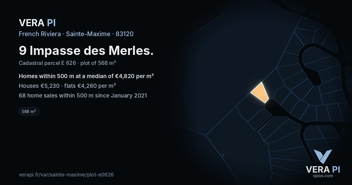 9 Impasse des Merles, Sainte-Maxime at night – the plot lit, the parcels around coloured by the prices near them