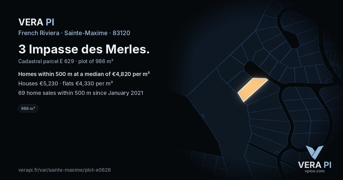 3 Impasse des Merles, Sainte-Maxime at night – the plot lit, the parcels around coloured by the prices near them