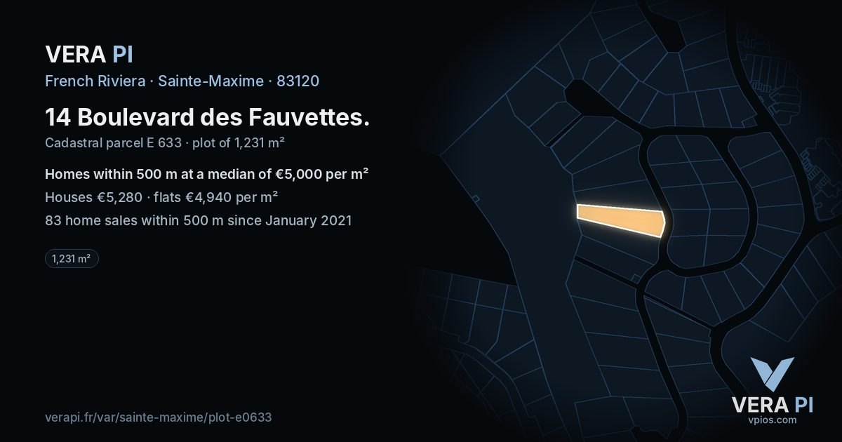 14 Boulevard des Fauvettes, Sainte-Maxime at night – the plot lit, the parcels around coloured by the prices near them