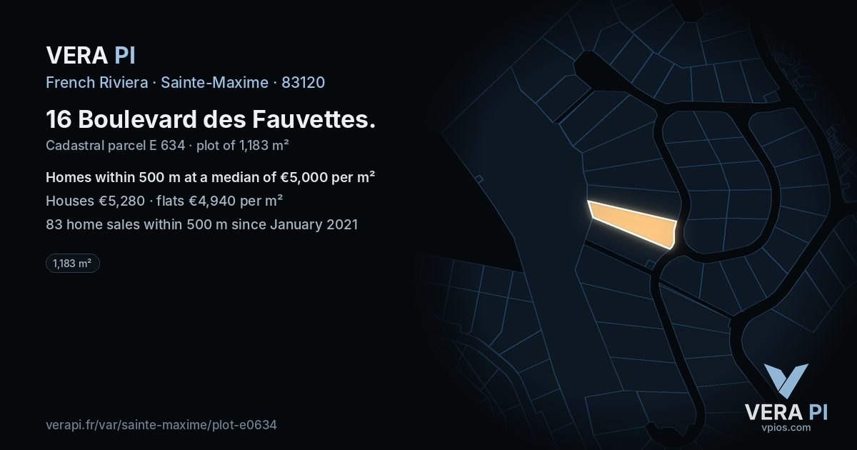 16 Boulevard des Fauvettes, Sainte-Maxime at night – the plot lit, the parcels around coloured by the prices near them