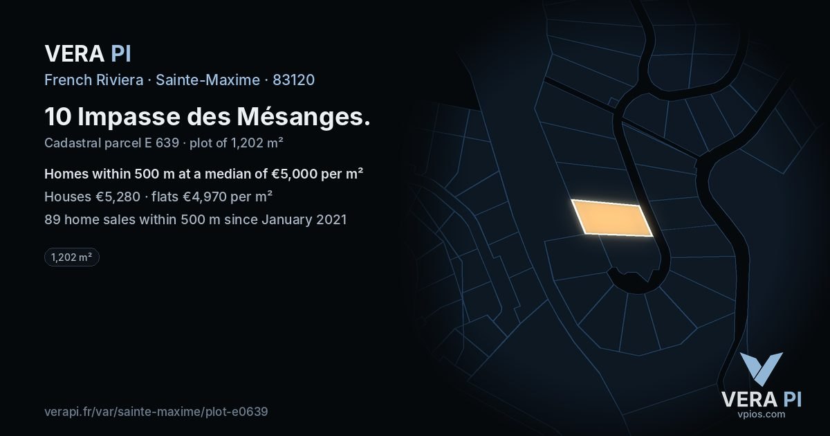 10 Impasse des Mésanges, Sainte-Maxime at night – the plot lit, the parcels around coloured by the prices near them