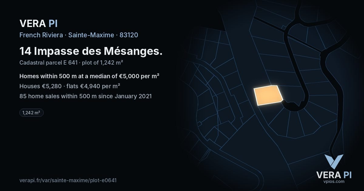 14 Impasse des Mésanges, Sainte-Maxime at night – the plot lit, the parcels around coloured by the prices near them