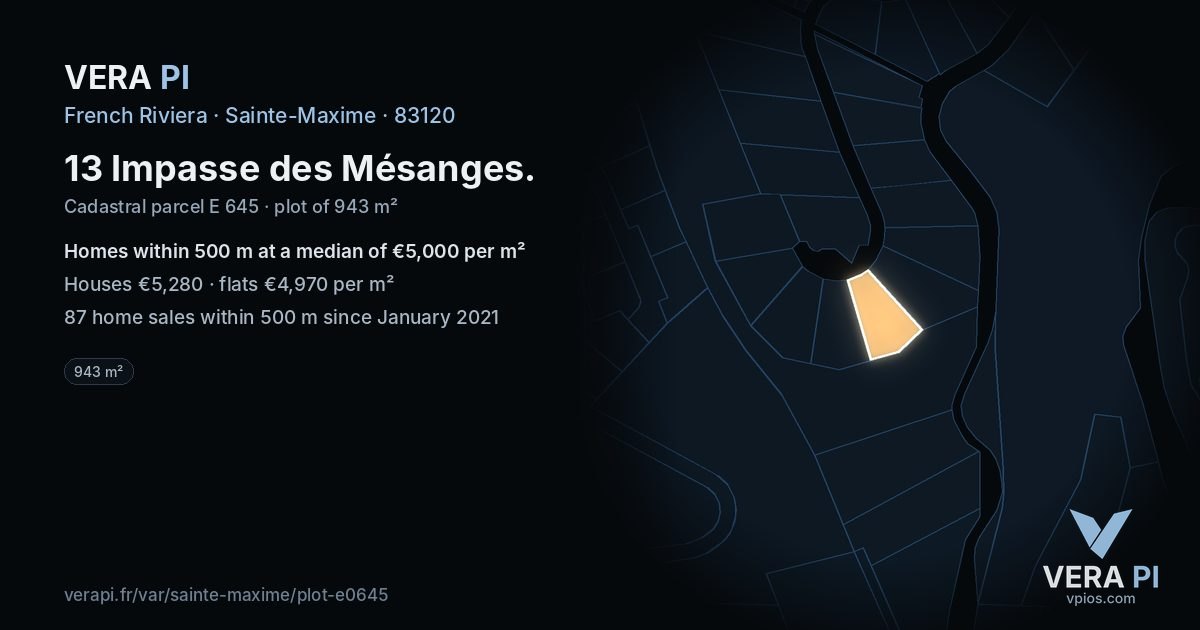 13 Impasse des Mésanges, Sainte-Maxime at night – the plot lit, the parcels around coloured by the prices near them