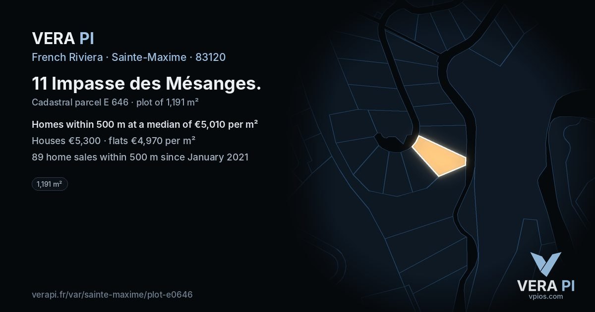 11 Impasse des Mésanges, Sainte-Maxime at night – the plot lit, the parcels around coloured by the prices near them