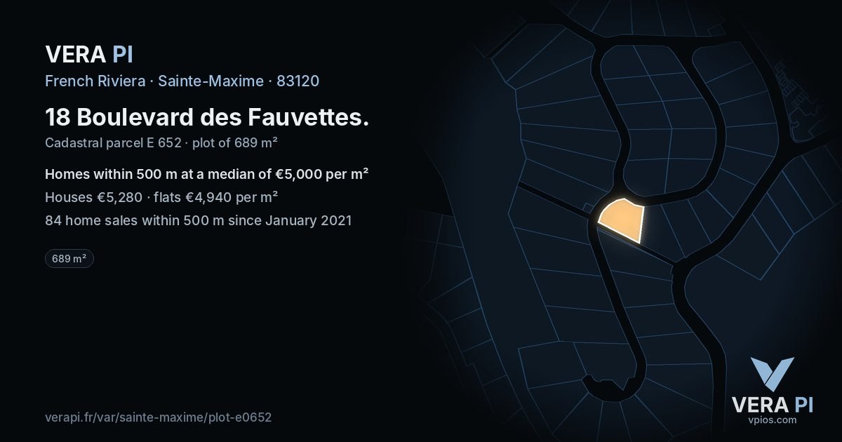 18 Boulevard des Fauvettes, Sainte-Maxime at night – the plot lit, the parcels around coloured by the prices near them