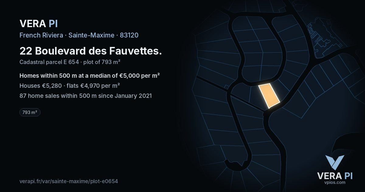 22 Boulevard des Fauvettes, Sainte-Maxime at night – the plot lit, the parcels around coloured by the prices near them