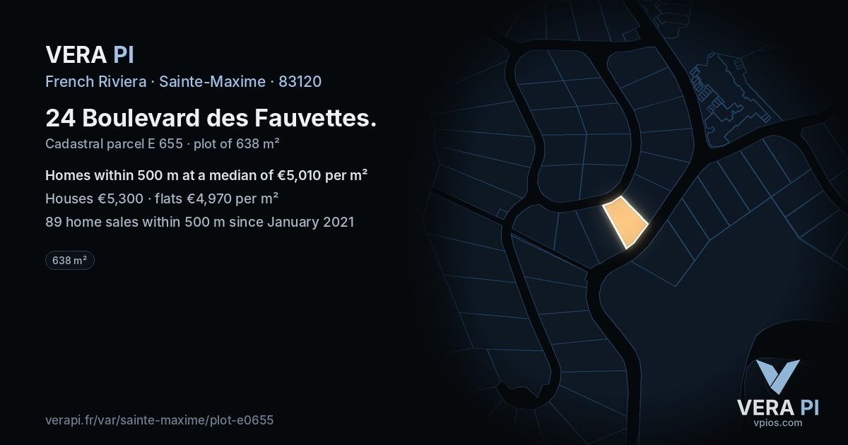 24 Boulevard des Fauvettes, Sainte-Maxime at night – the plot lit, the parcels around coloured by the prices near them