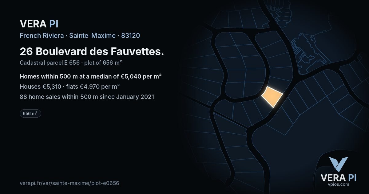 26 Boulevard des Fauvettes, Sainte-Maxime at night – the plot lit, the parcels around coloured by the prices near them