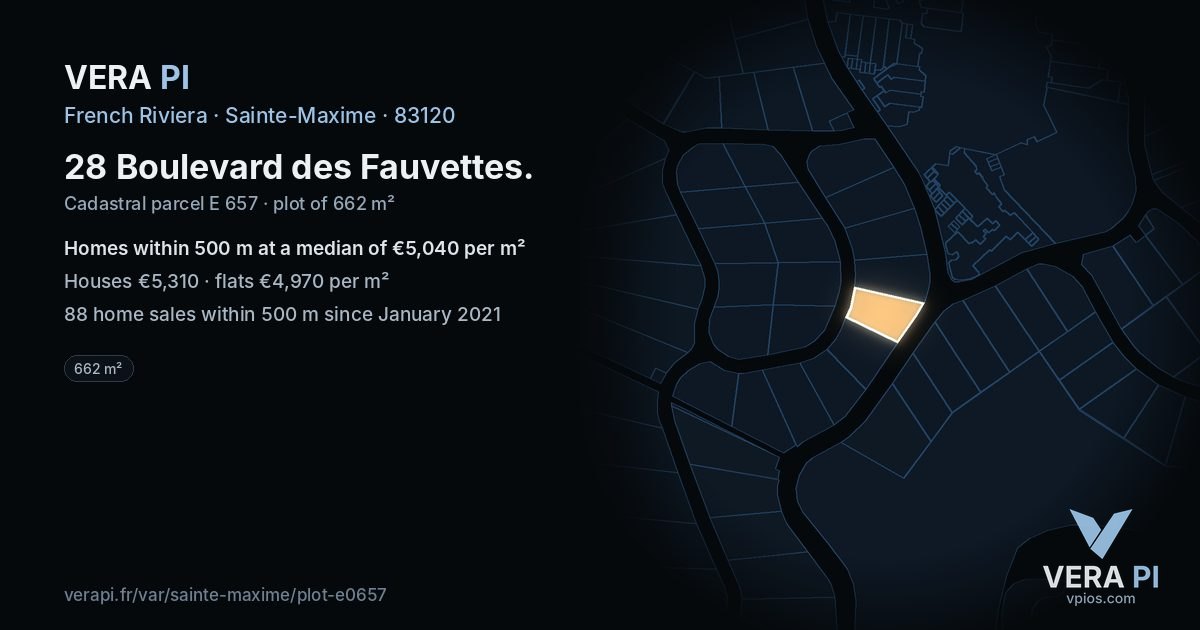 28 Boulevard des Fauvettes, Sainte-Maxime at night – the plot lit, the parcels around coloured by the prices near them