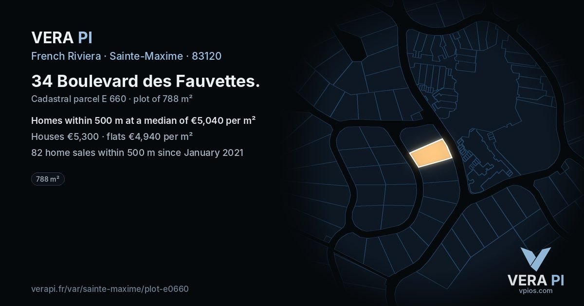 34 Boulevard des Fauvettes, Sainte-Maxime at night – the plot lit, the parcels around coloured by the prices near them