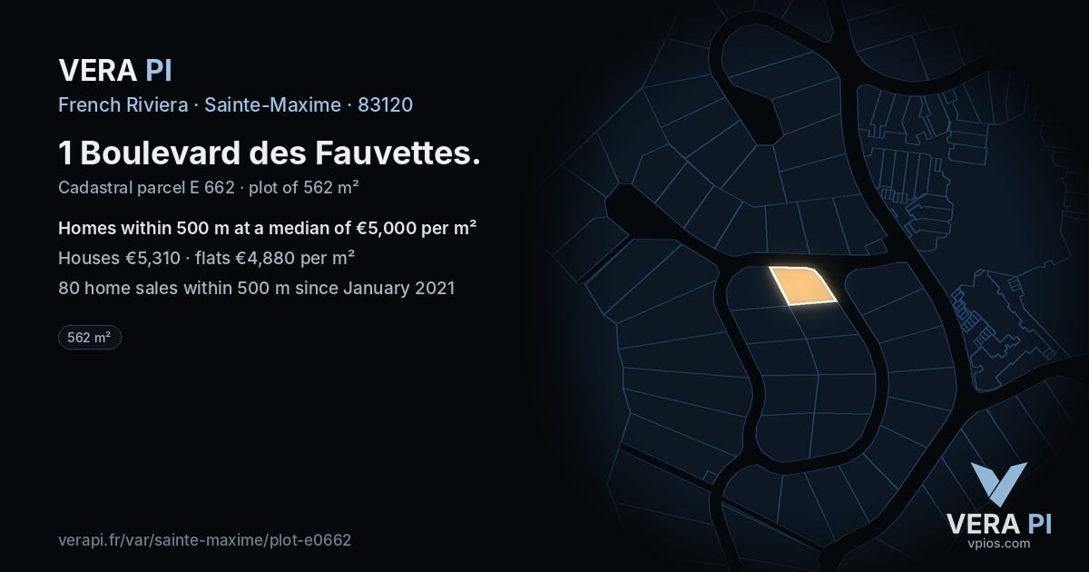 1 Boulevard des Fauvettes, Sainte-Maxime at night – the plot lit, the parcels around coloured by the prices near them