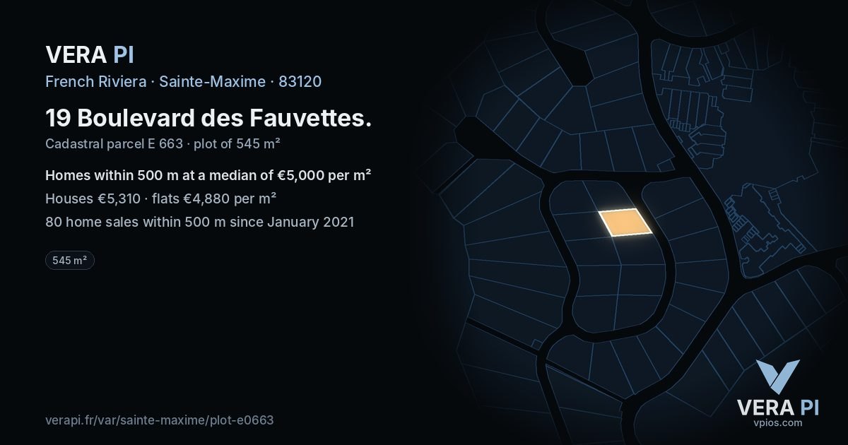19 Boulevard des Fauvettes, Sainte-Maxime at night – the plot lit, the parcels around coloured by the prices near them