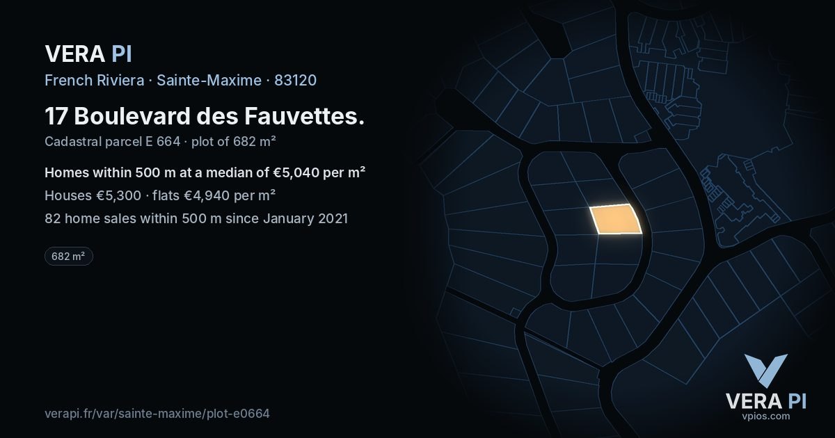 17 Boulevard des Fauvettes, Sainte-Maxime at night – the plot lit, the parcels around coloured by the prices near them