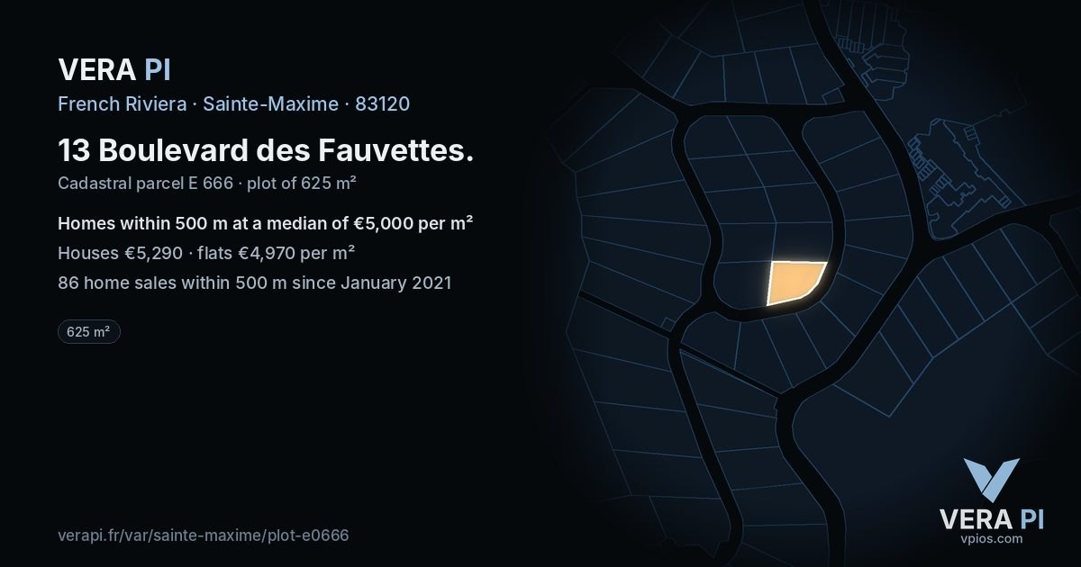 13 Boulevard des Fauvettes, Sainte-Maxime at night – the plot lit, the parcels around coloured by the prices near them