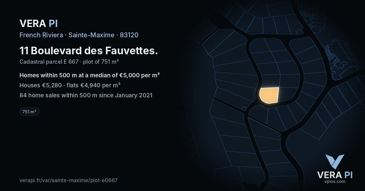 11 Boulevard des Fauvettes, Sainte-Maxime at night – the plot lit, the parcels around coloured by the prices near them