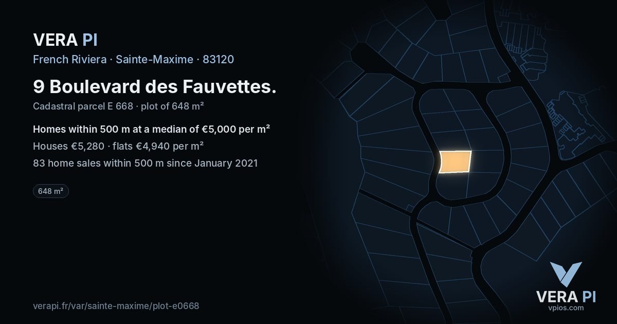 9 Boulevard des Fauvettes, Sainte-Maxime at night – the plot lit, the parcels around coloured by the prices near them